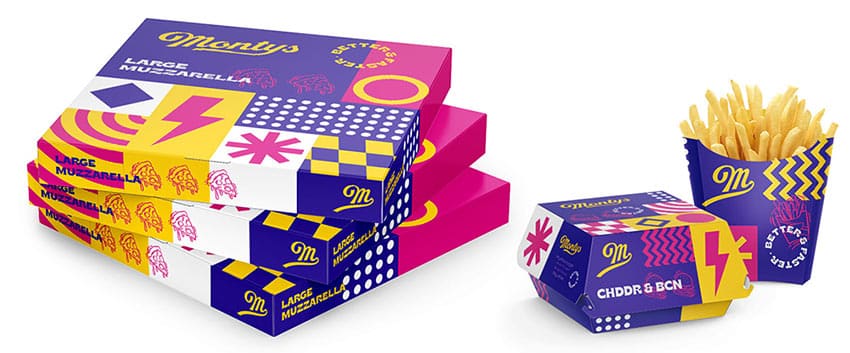 Caja de piza, caja de hamburguesa y cajita de papas fritas